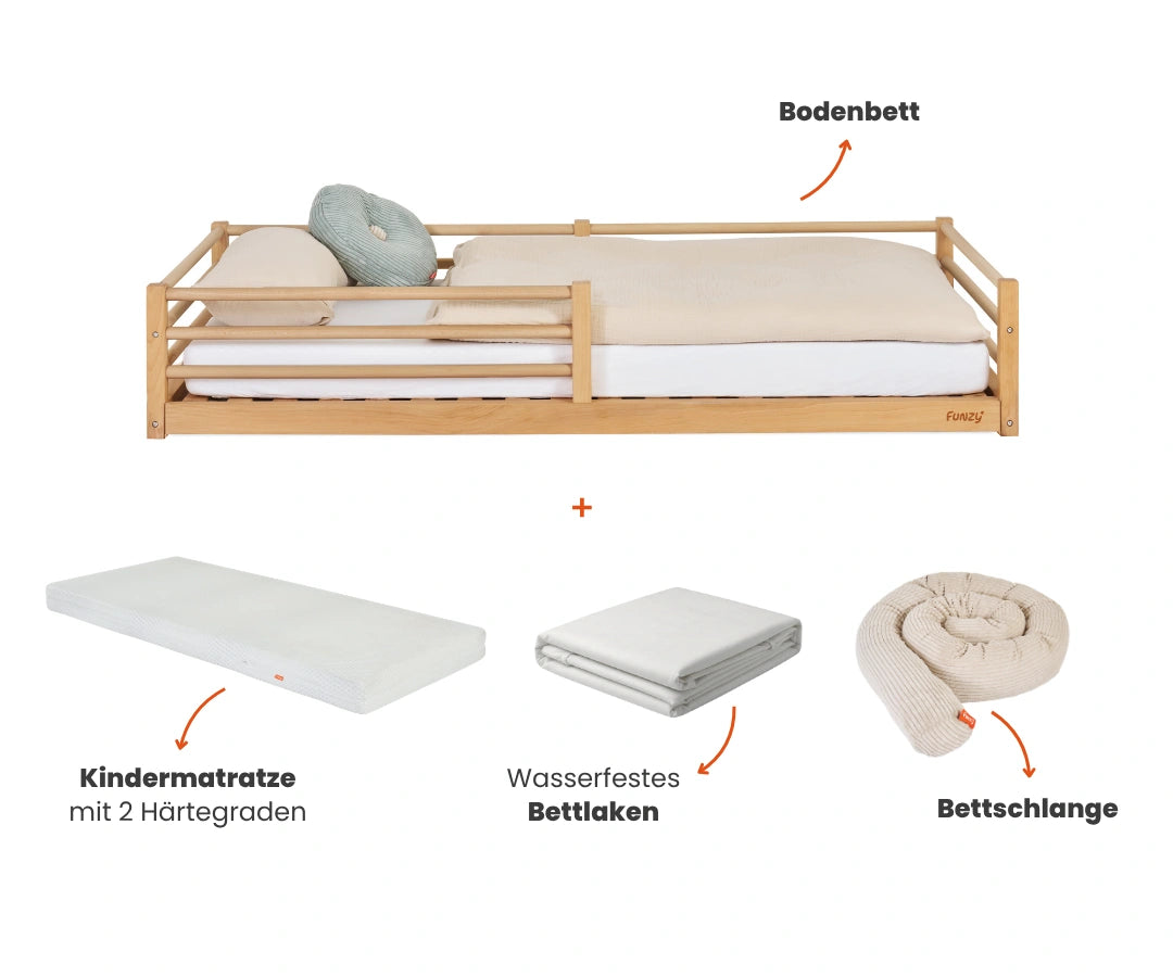funzy-nestbau-full-care-set-bodenbett-mit-matratze-spannbettlaken-und-bettschlan image 1