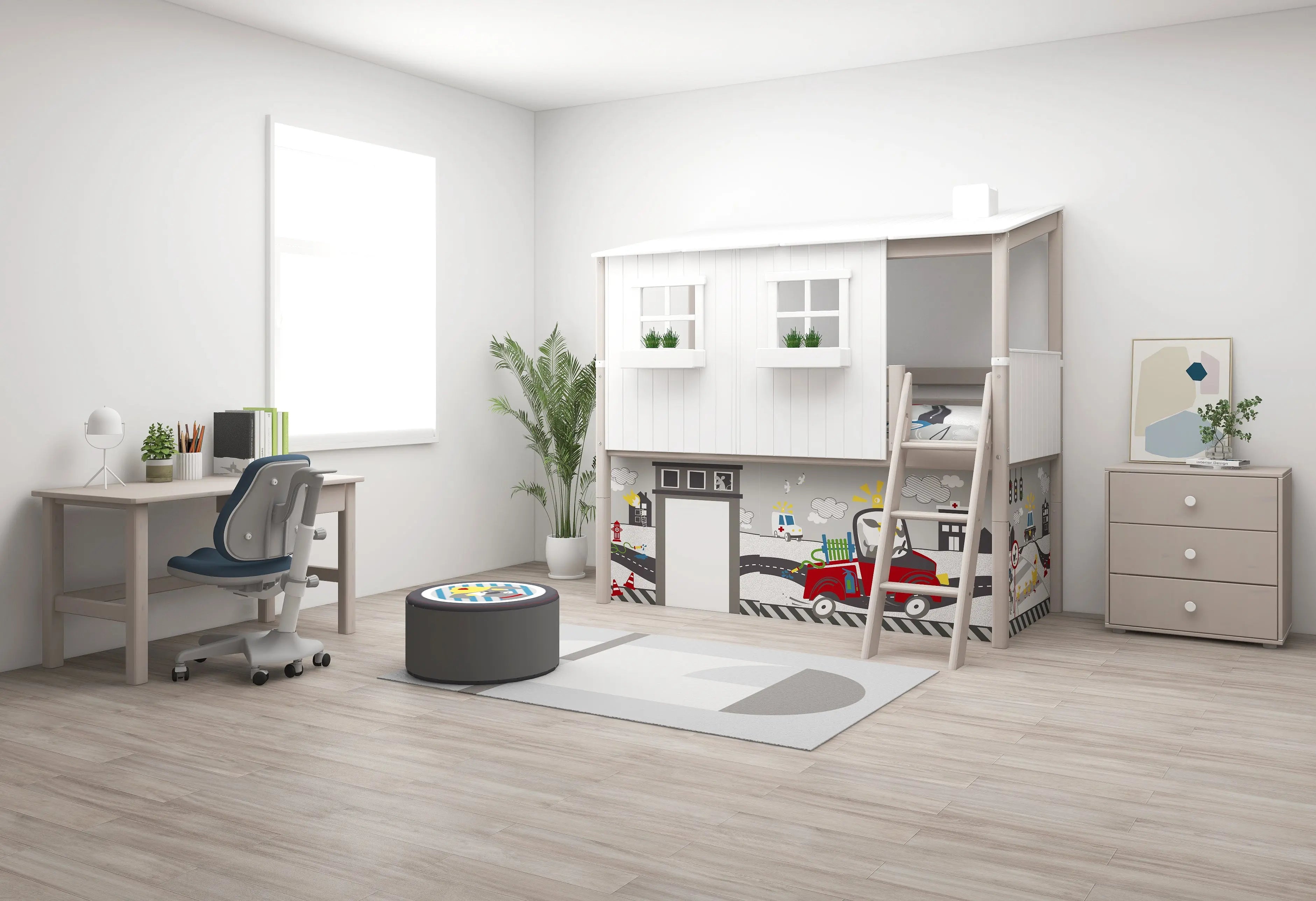 flexa-classic-house-spielbett-120-cm-90x200-cm-mit-leiter-wei-grau image 2
