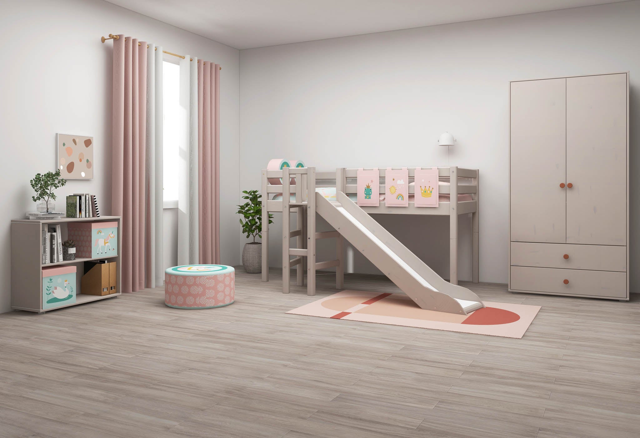 flexa-classic-spielbett-120-cm-90x200-cm-mit-rutsche-und-absturzsicherung-grau image 2