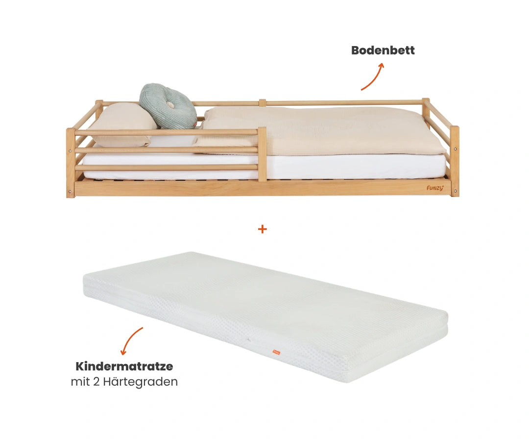 funzy-nestbau-comfort-set-bodenbett-aus-massivholz-mit-kindermatratze image 1