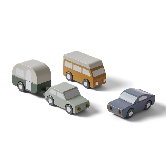flexa-holzautos-set-4-tlg-retro-auto-minivan-und-auto-mit-wohnwagen image 1