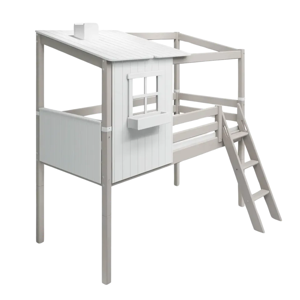 flexa-classic-spielbett-120-cm-mit-1-2-classic-haus-90x200-cm-wei-grau image 1