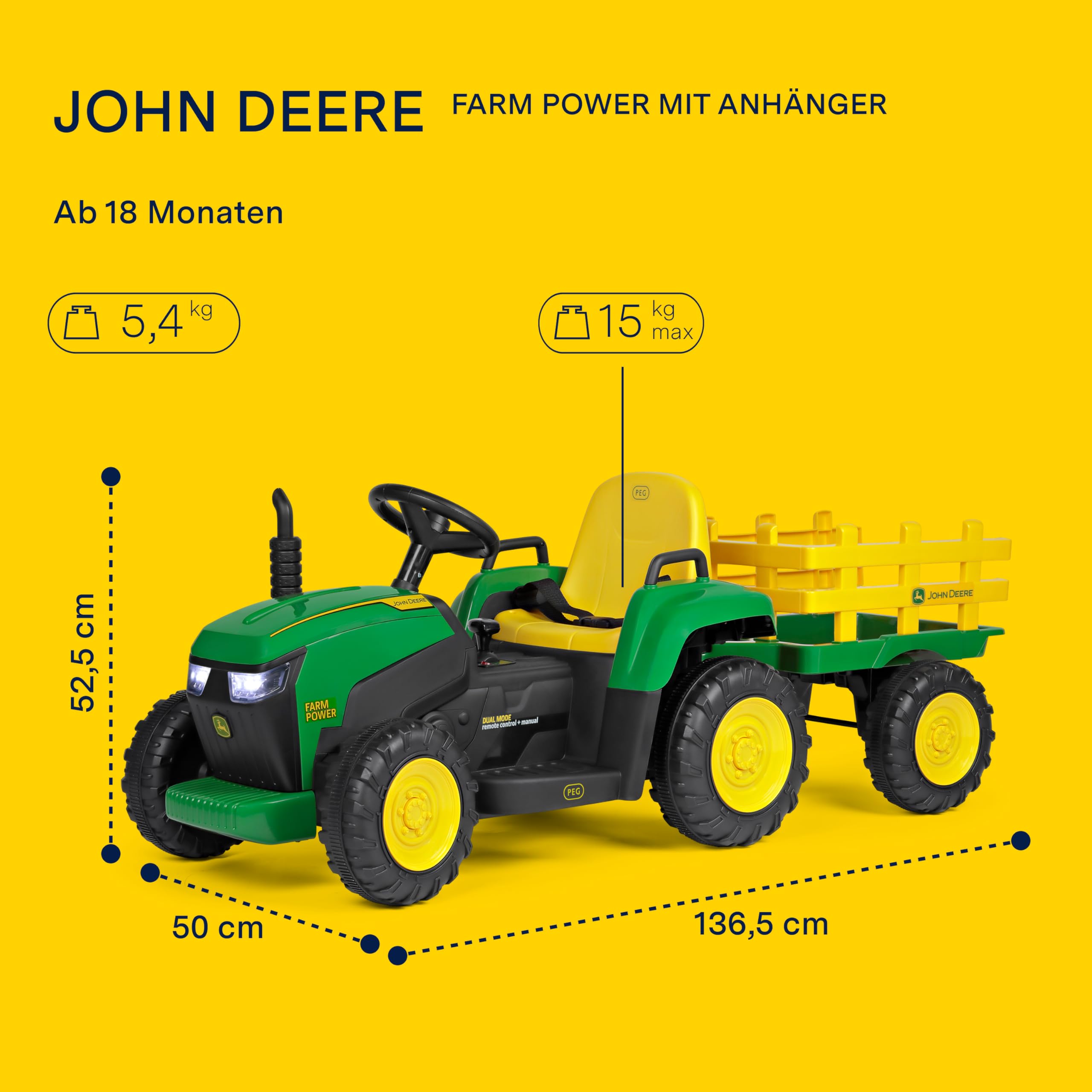 peg-perego-john-deere-farm-power-elektrotraktor-mit-anh-nger-und-funksteuerung image 2
