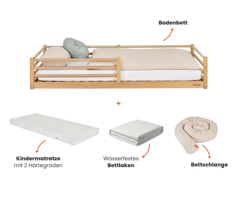 funzy-nestbau-full-care-set-bodenbett-mit-matratze-spannbettlaken-und-bettschlan image 1